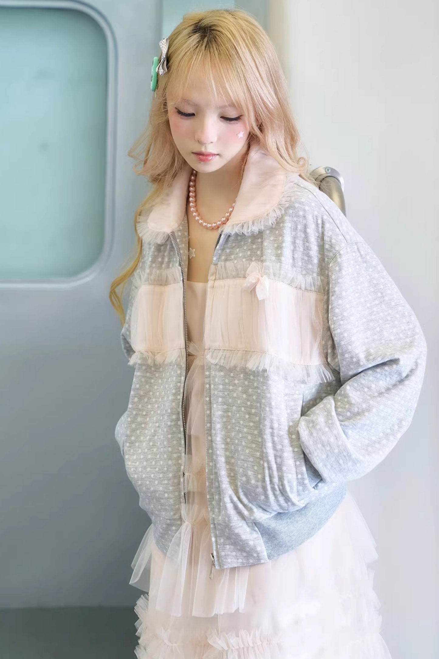 Polka Dot Knit Patchwork Jacket