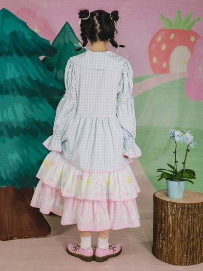 Angel Print Plaid Splicing Ruffles Tiered Dress