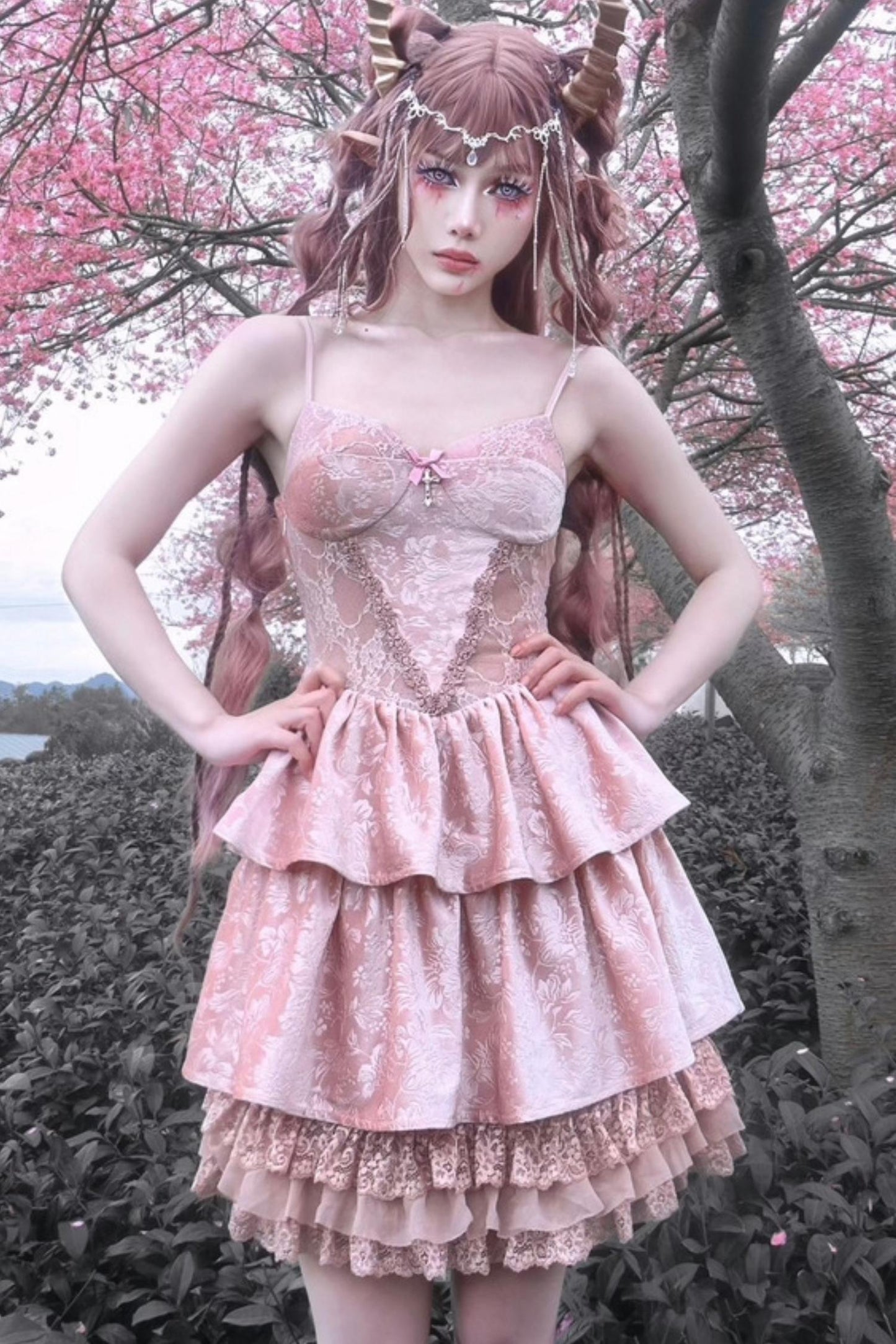 Gothic Lotus Root Pink Strap Dress Set-Up