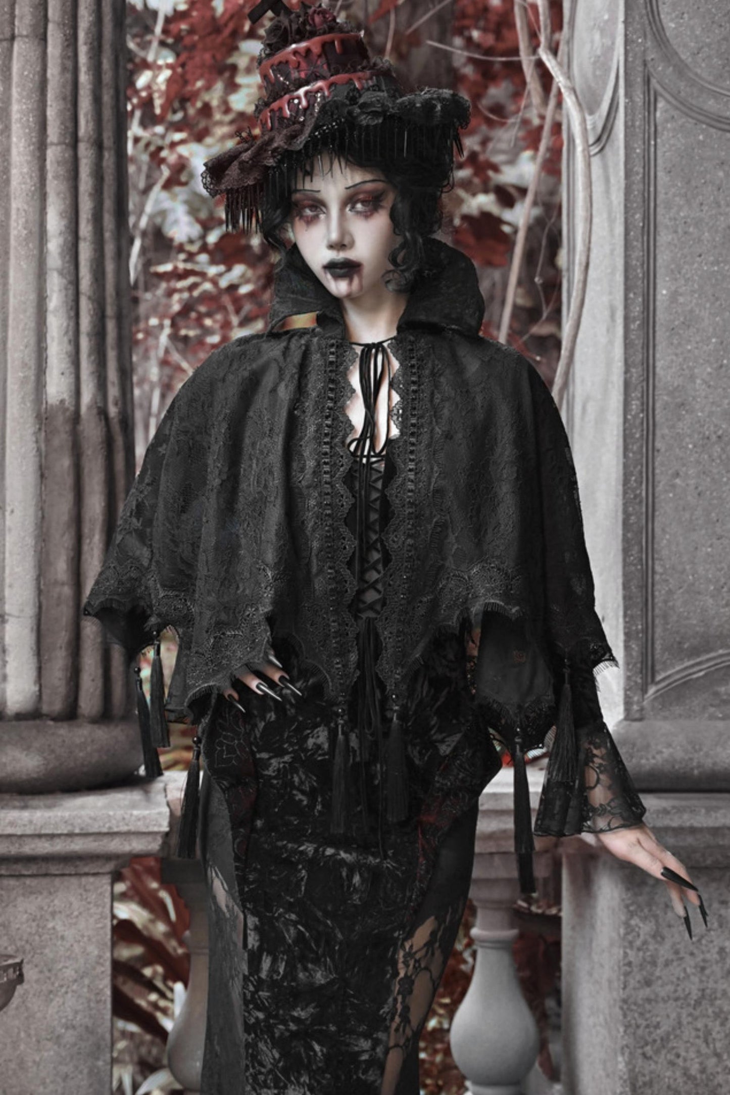 Crimson Blood Gothic Lace Cape Set-Up