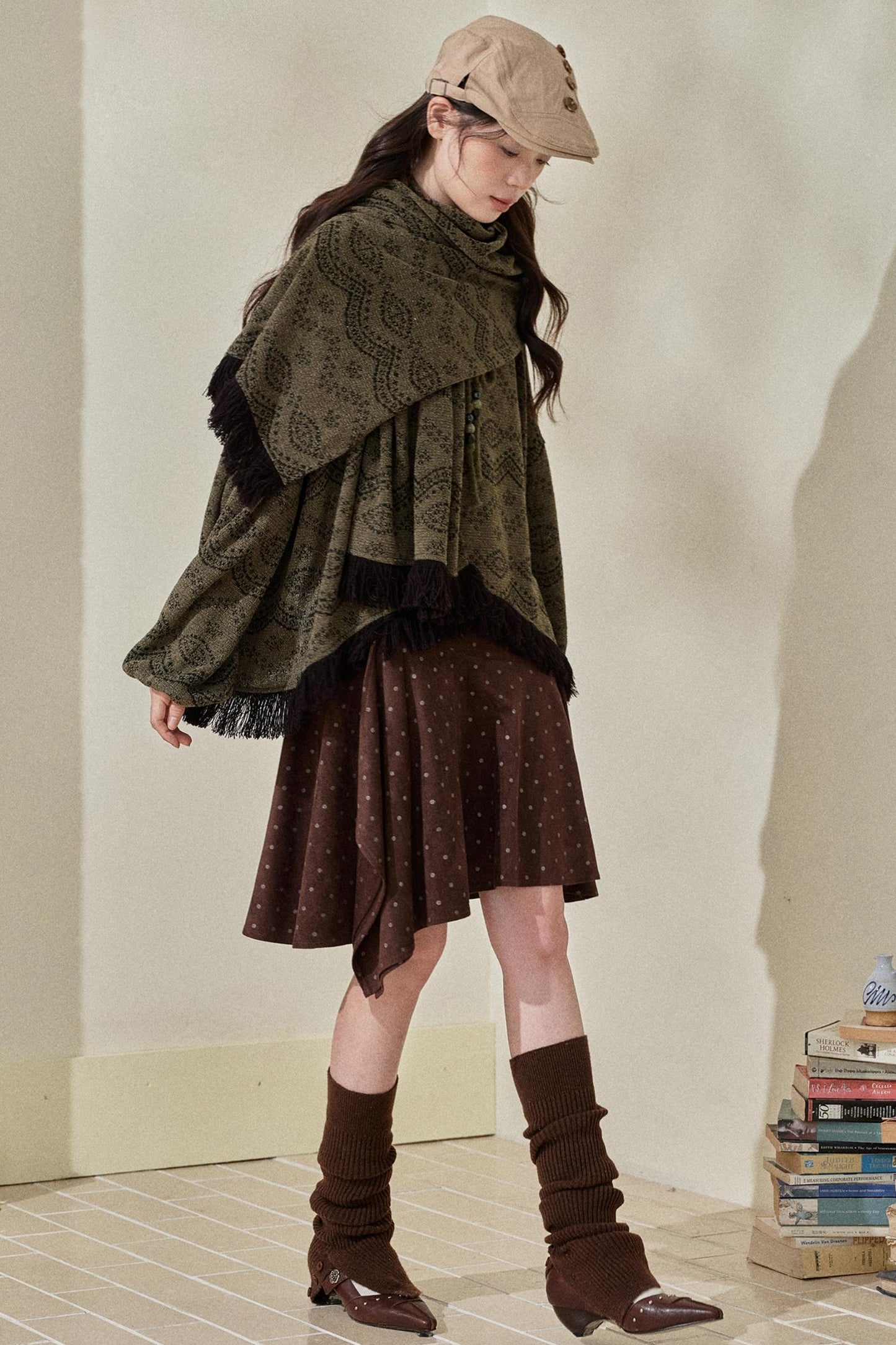 Dark Green Vintage Fringed Top & Scarf Set