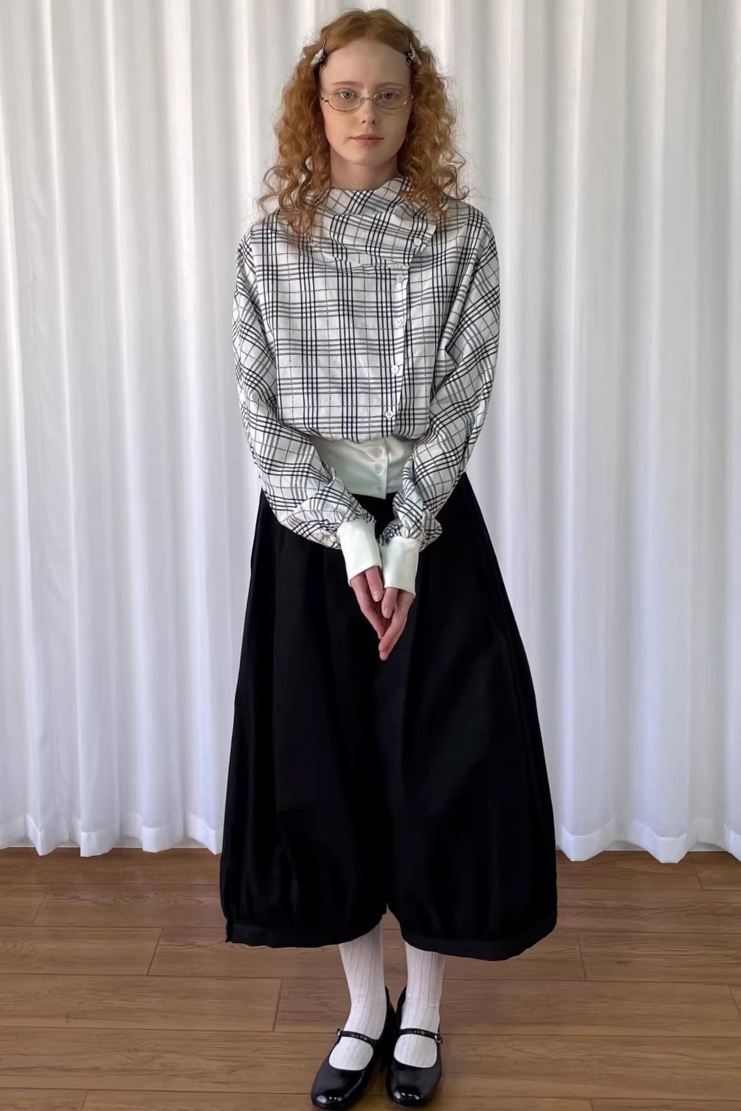 Checkered Pleated Collar Shirt