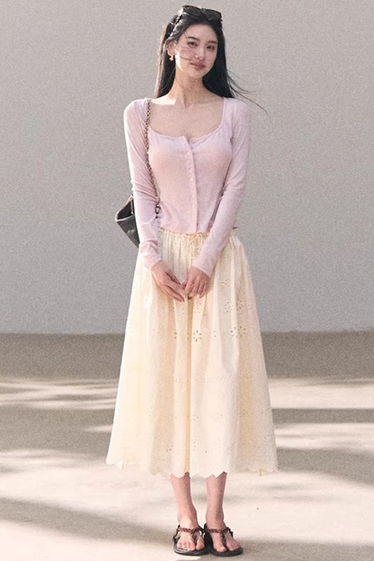 Hollow-Out Ribbed Knit Cardigan