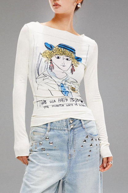 Retro Art Face Print Knit Top