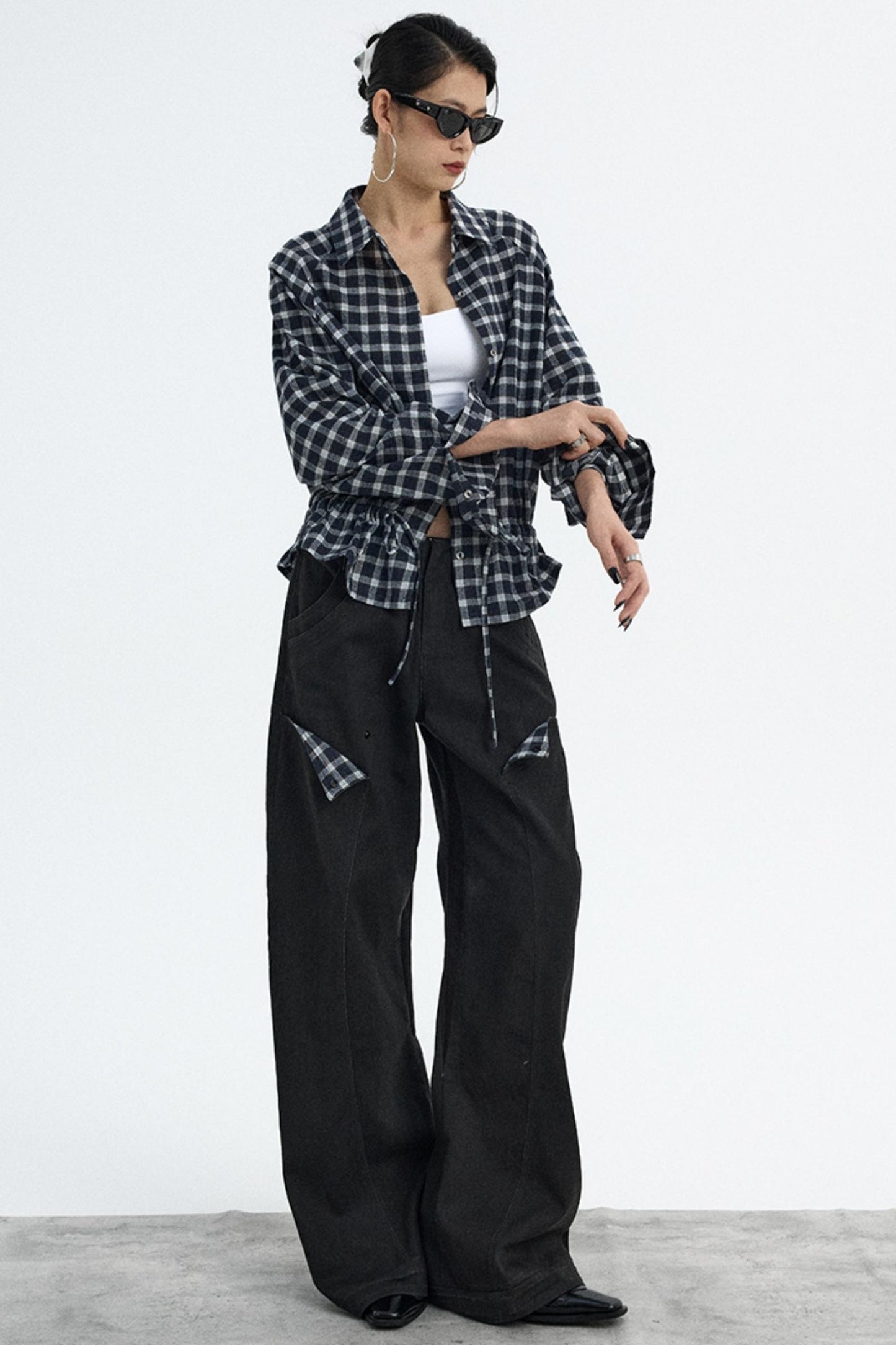 Navy Plaid Drawstring Top