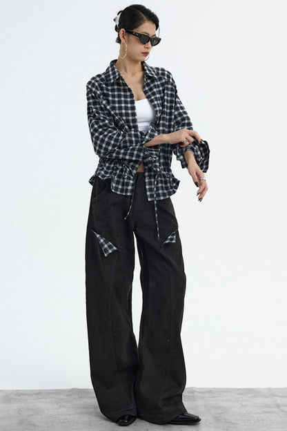 Navy Plaid Drawstring Top