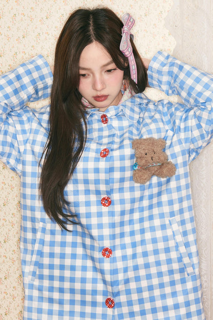 Blue Plaid Hooded Trench Coat