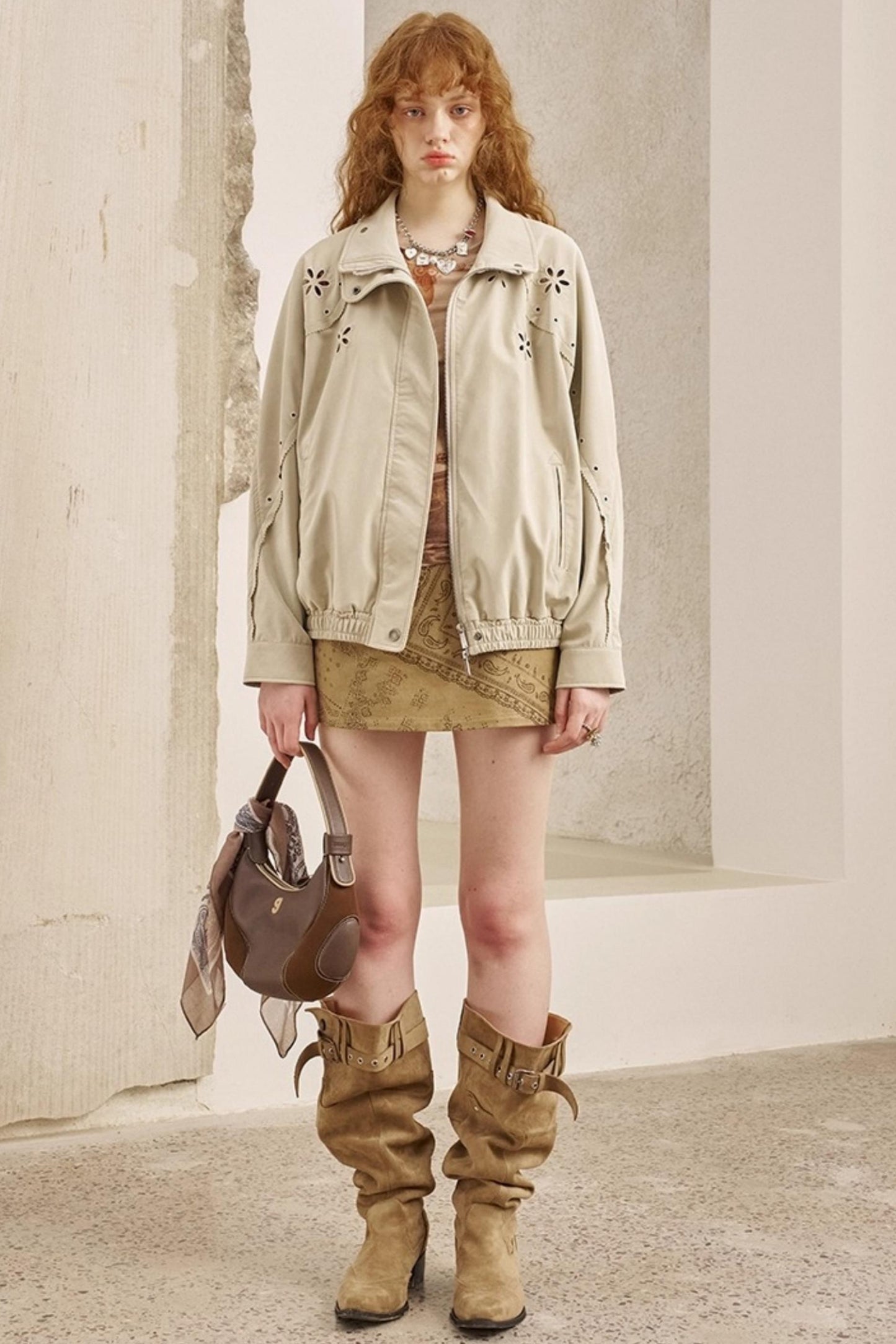 Embroidered Stand Leather Jacket