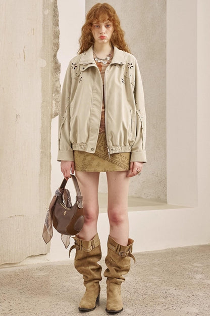 Embroidered Stand Leather Jacket