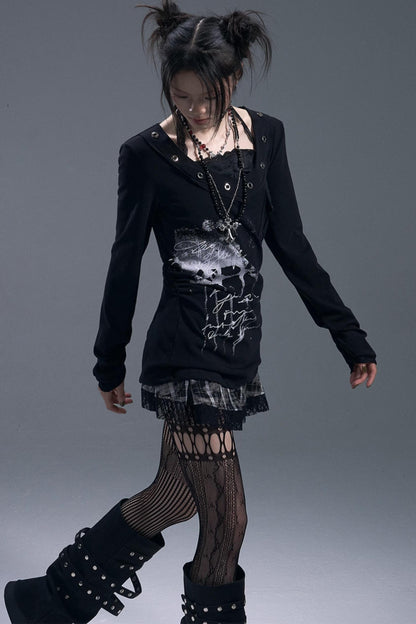 Dark Lace Halterneck Fake Two-Piece Top