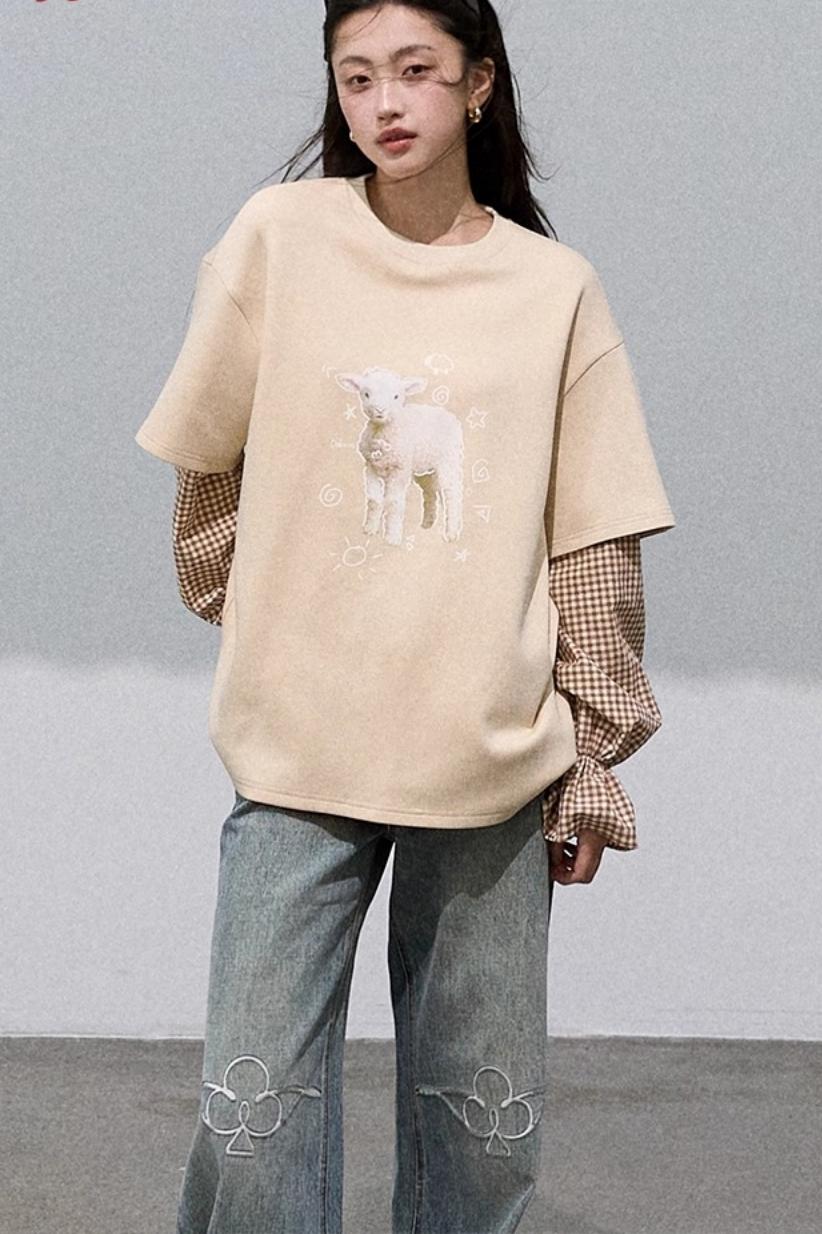 Patchwork Plaid Sweatshirt Versatile Top