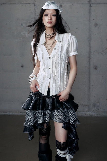 Vintage Lace V-Neck Bubble Sleeve Shirt