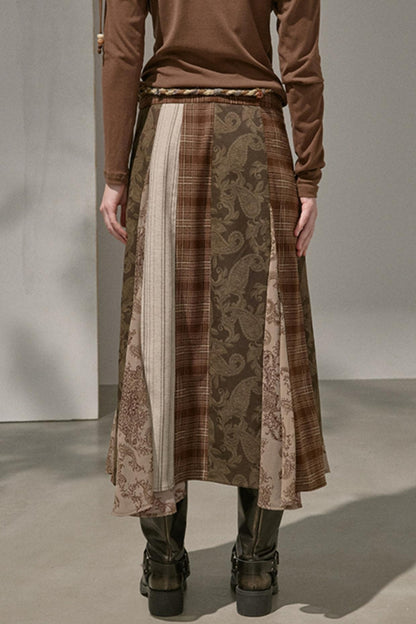 Floral Stitching Brown Skirt