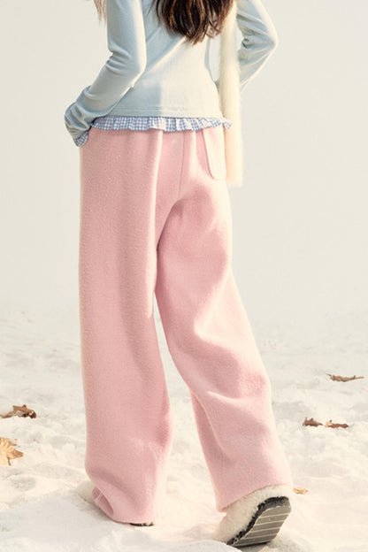 Pink Woolen Drawstring Casual Pants