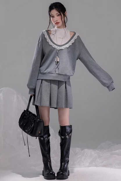 Chenwu Gray Pleated Skirt Sweatshirt Set