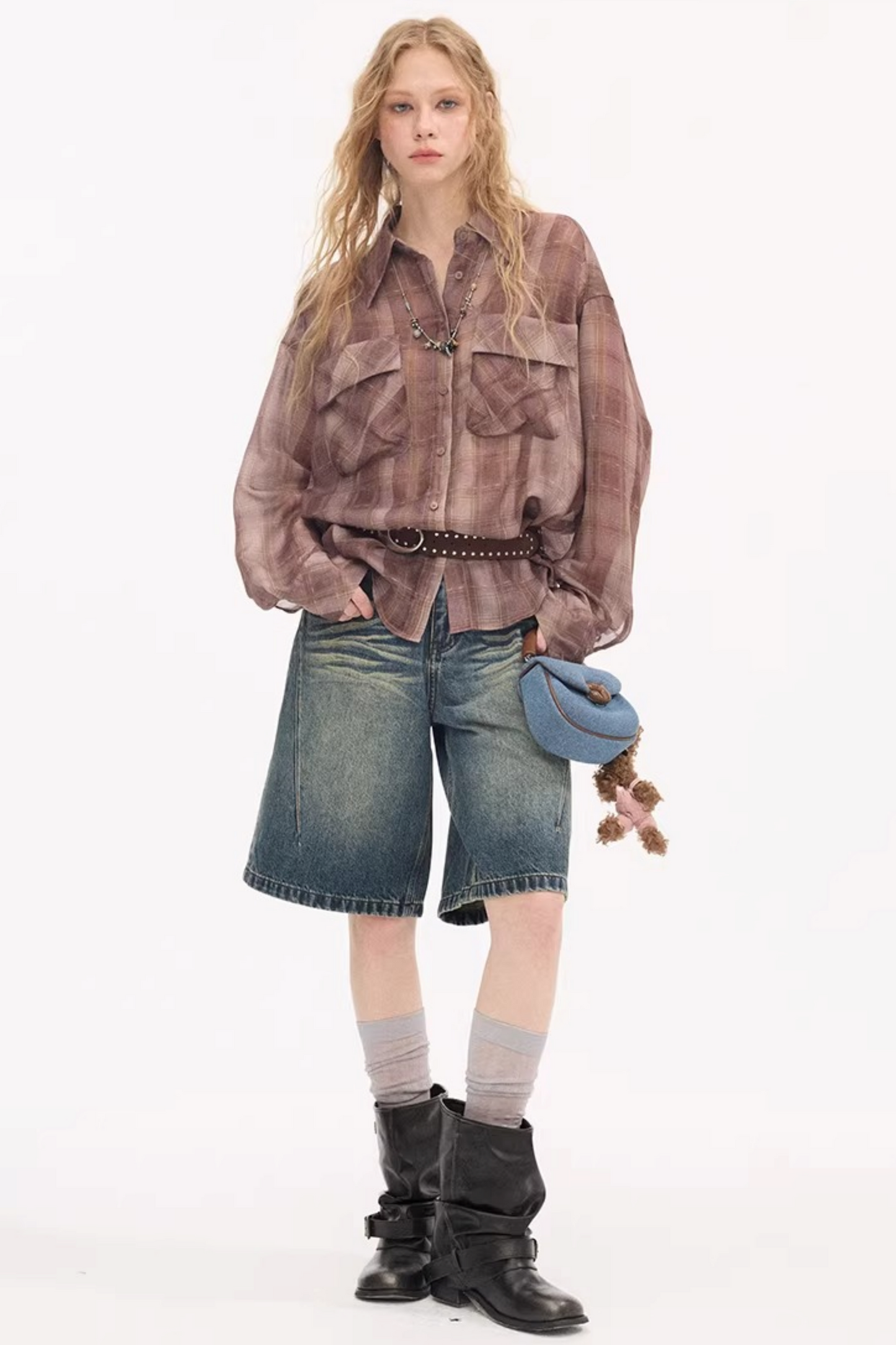 Plaid Lantern Sleeve Blouse