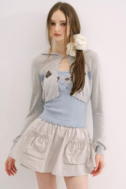 Yellow-Blue Diamond Hooded Cardigan Set-Up