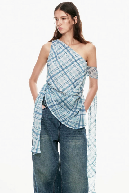 Blue Plaid One-Shoulder Vest