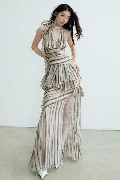 Pleated V-Neck Vest With Skirt Set