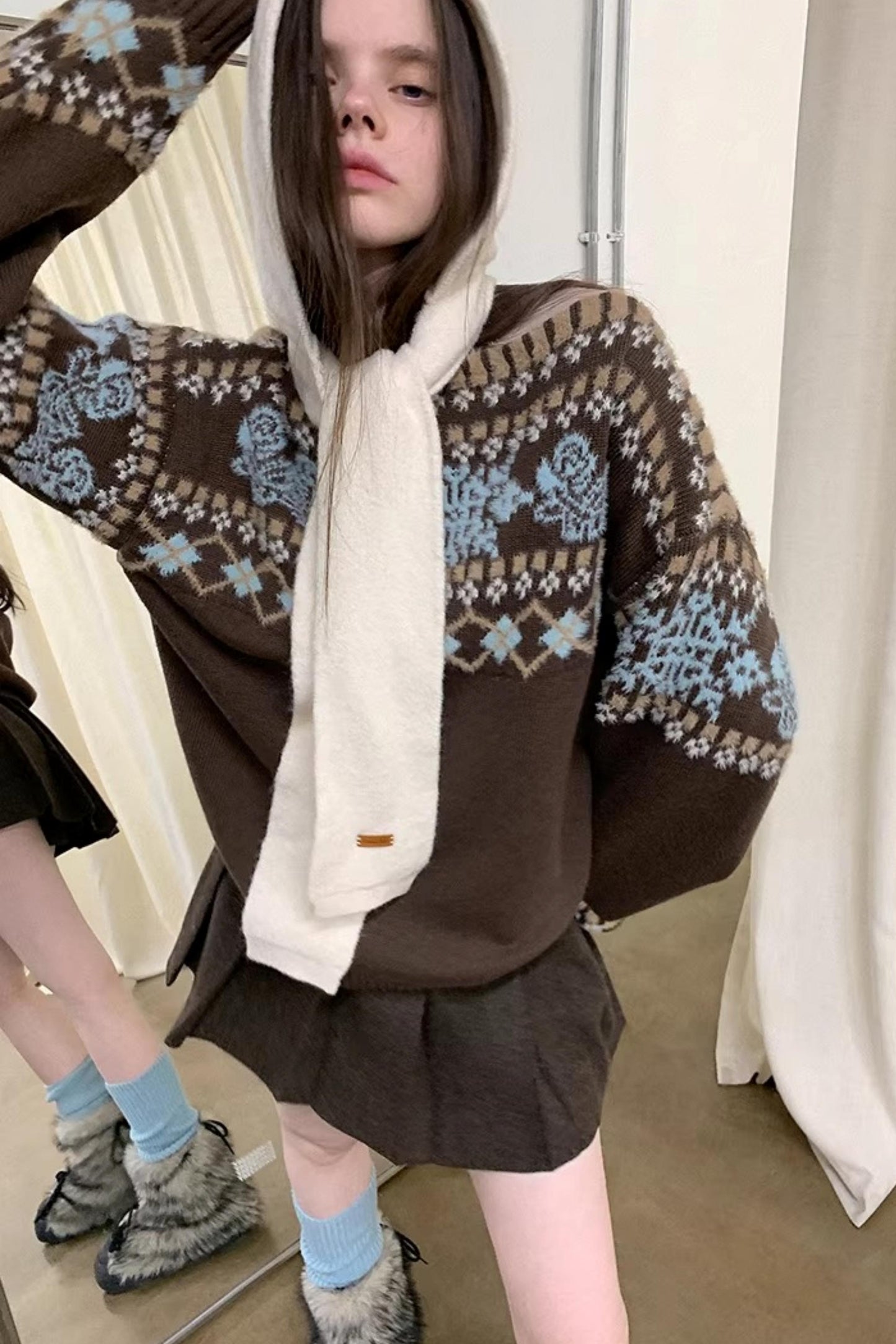 Brauner Fair-Isle-Wollpullover