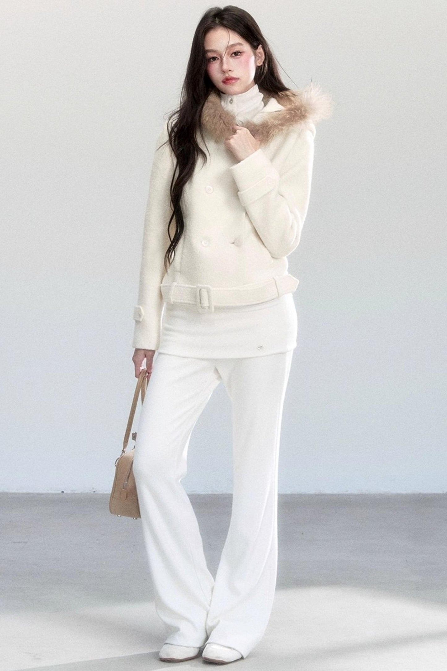 Fur Collar Slim Tweed Coat