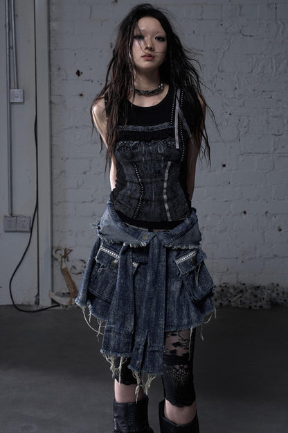 Punk Washed Denim Shirt Skirt