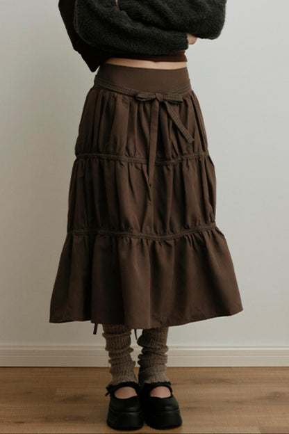 American Retro Suede Spliced Belt Umbrella Skirt