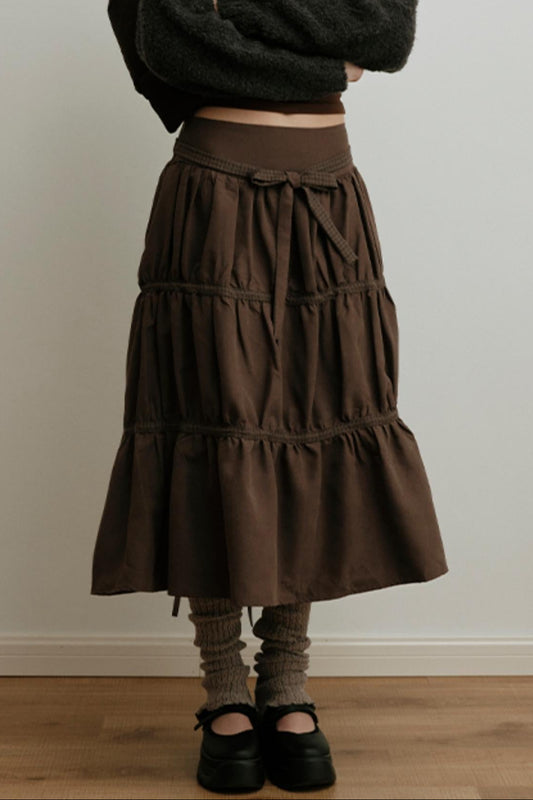 American Retro Suede Spliced Belt Umbrella Skirt