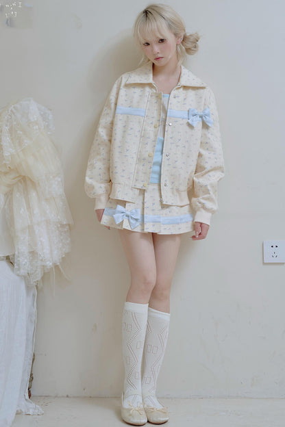 Beige Floral Blue Bow Jacket Set-Up
