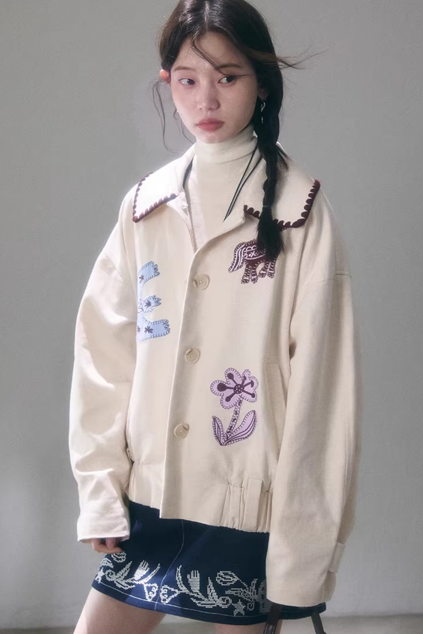 Tulip Embroidery Denim Skirt