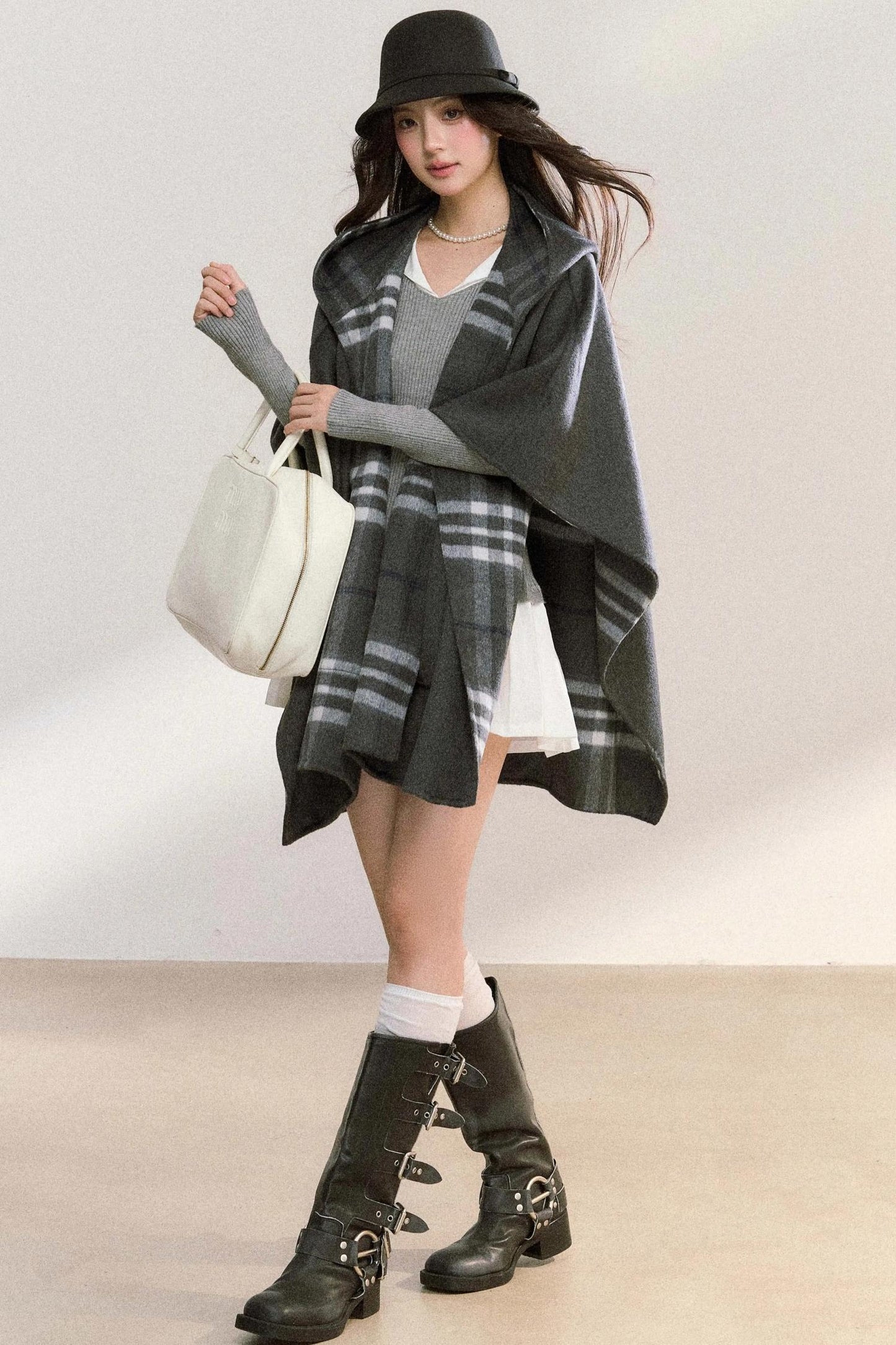 Gray Plaid Reversible Wool Cape Coat