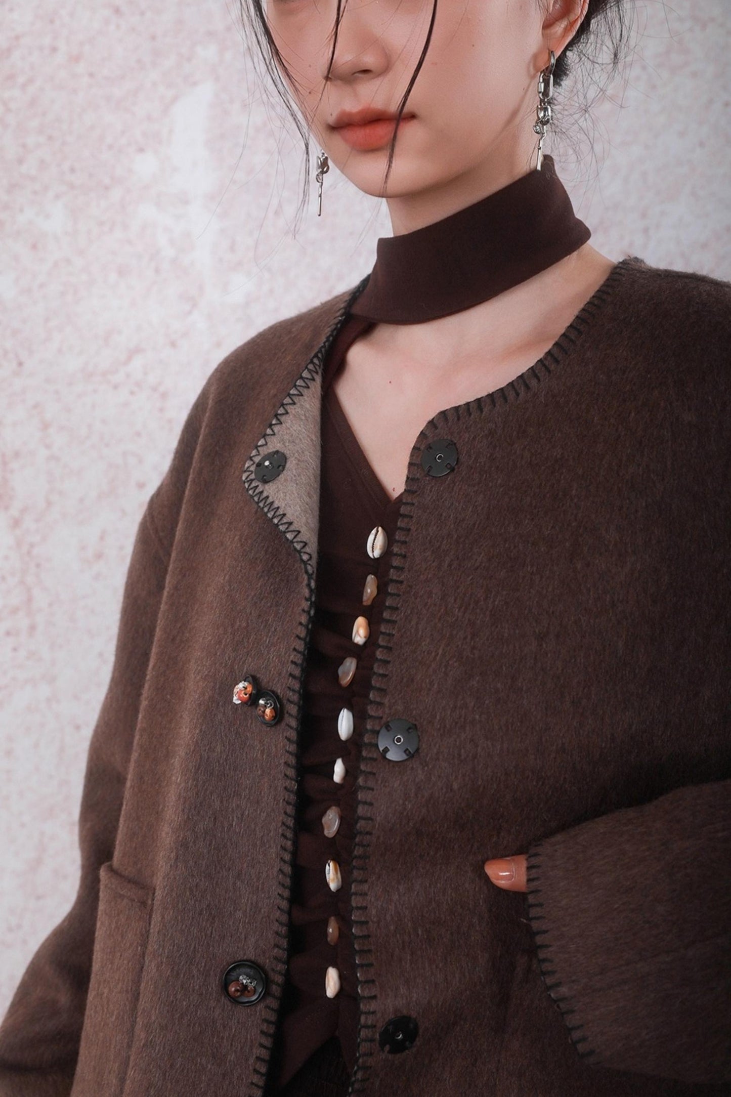 Caramel Coffee Shell Buckle Streamer Top