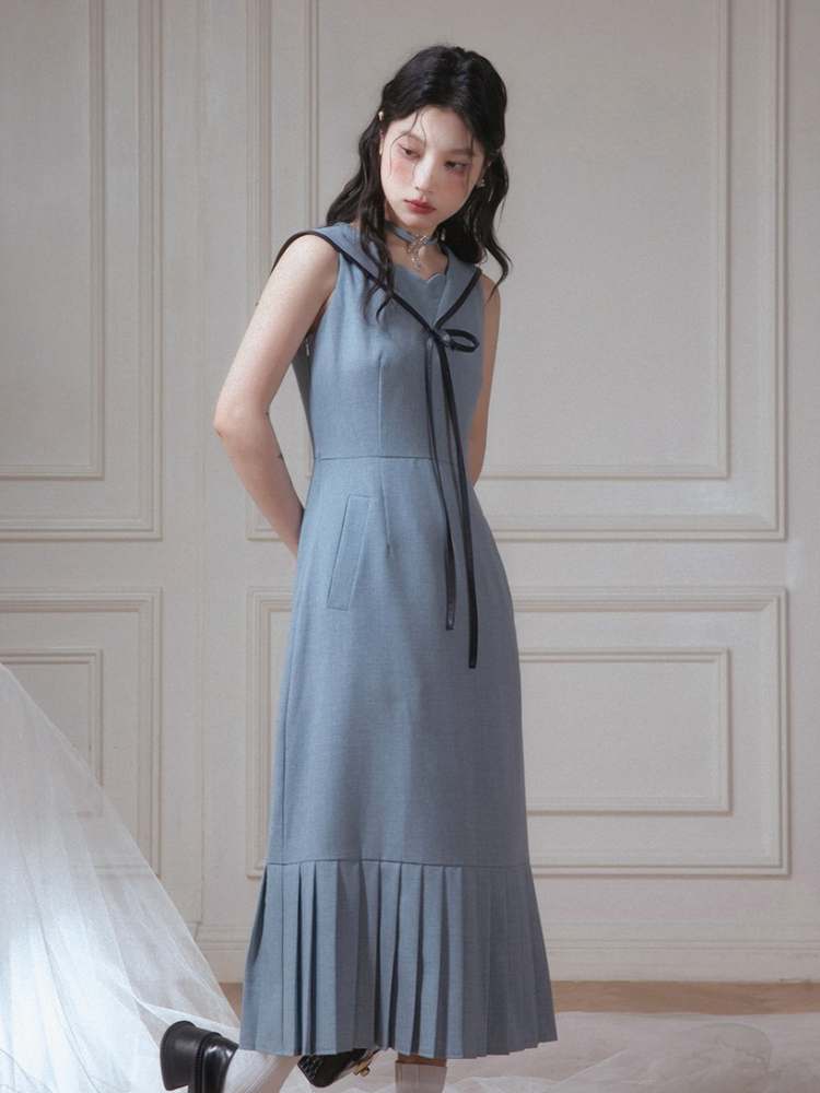 Sailor Collar Sleeveless Bow Tie Pleated Dress