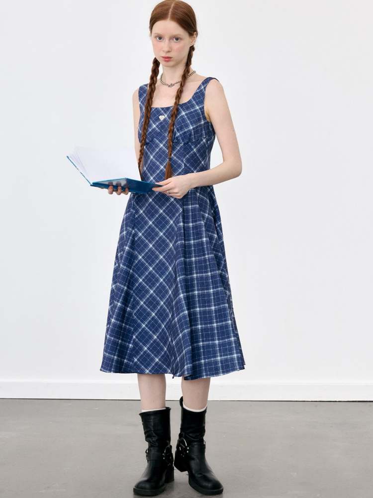 Plaid Suspender Long Flare Dress