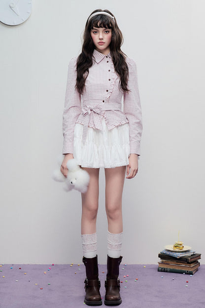 Spring Slim Plaid Ruffle Tie Shirt