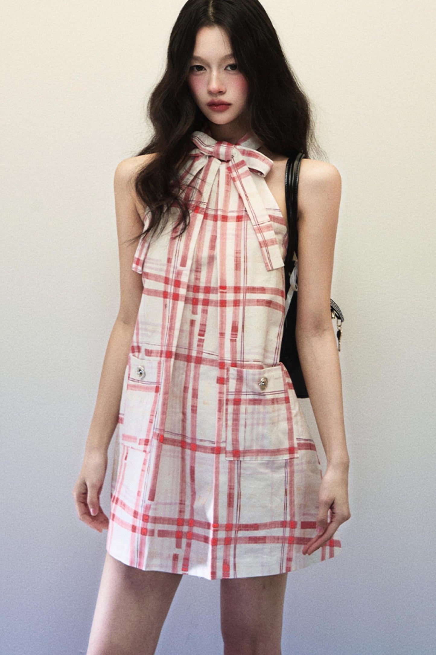 Chic Red Plaid Bow-Detail Sleeveless Dress