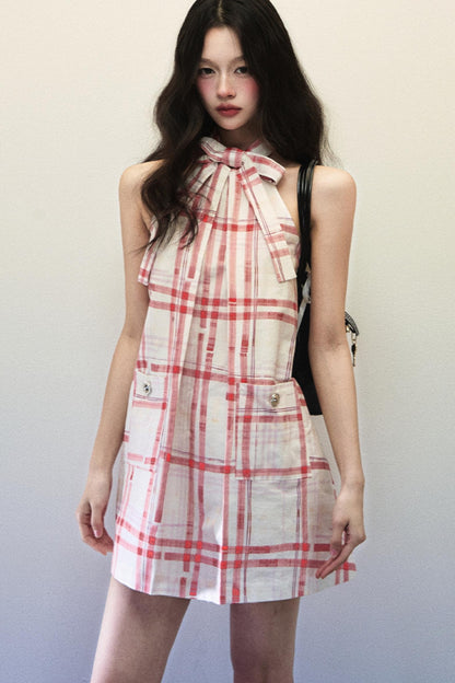Chic Red Plaid Bow-Detail Sleeveless Dress