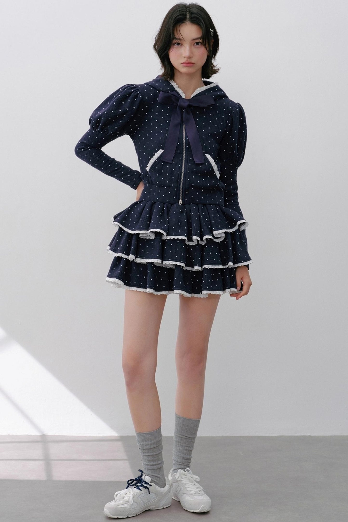 Navy Polka Dot Hooded Tracksuit Set-Up