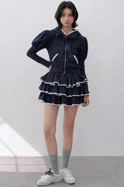 Navy Polka Dot Hooded Tracksuit Set-Up