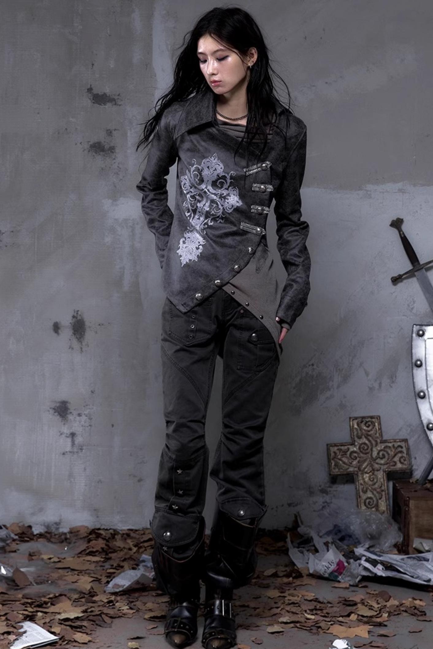 Vintage Slanted Placket Printed Leather Shirt