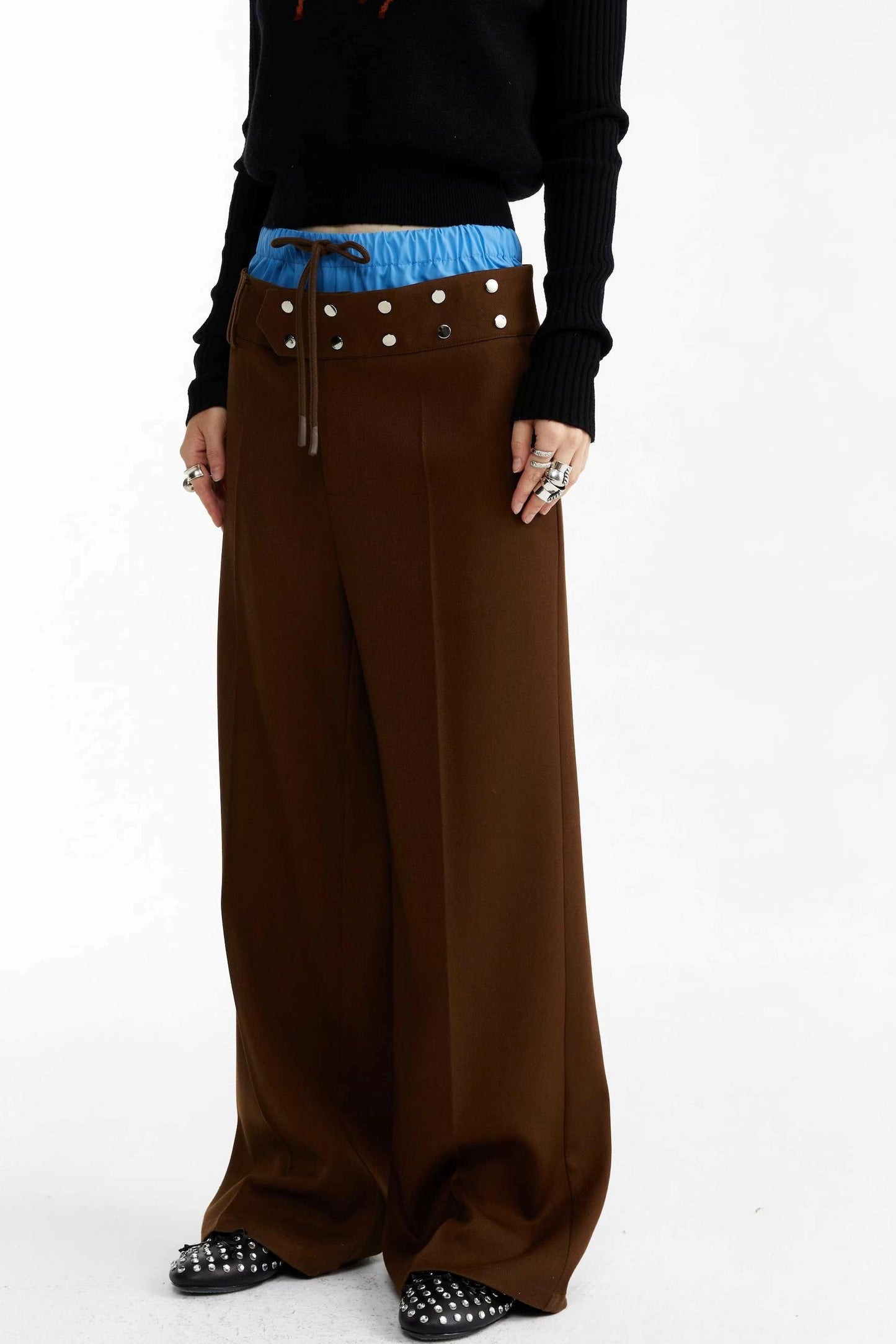 Blue and Brown Contrast Belt Decorative Pants