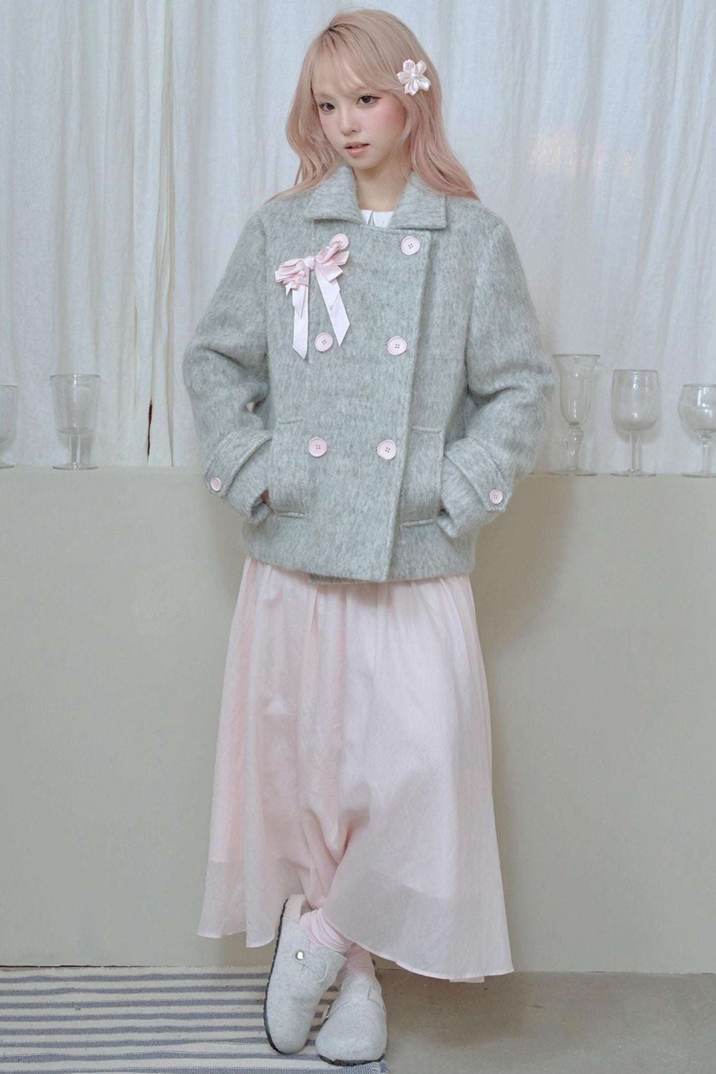 Light Grey Water Ripple Woolen Coat