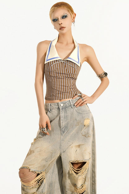 Backless Navy Striped Tank Top