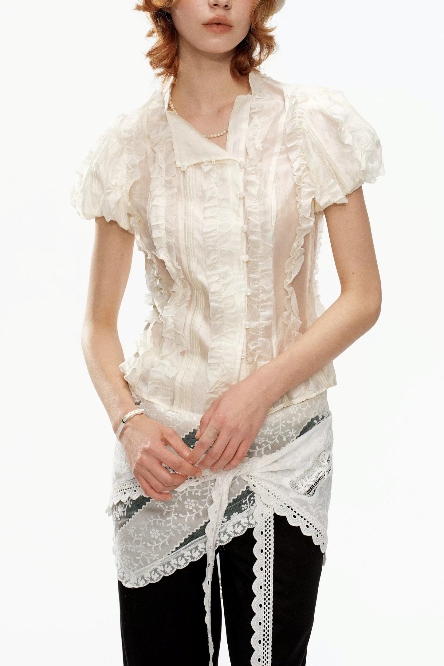 Beige Jacquard Puff Sleeve Blouse