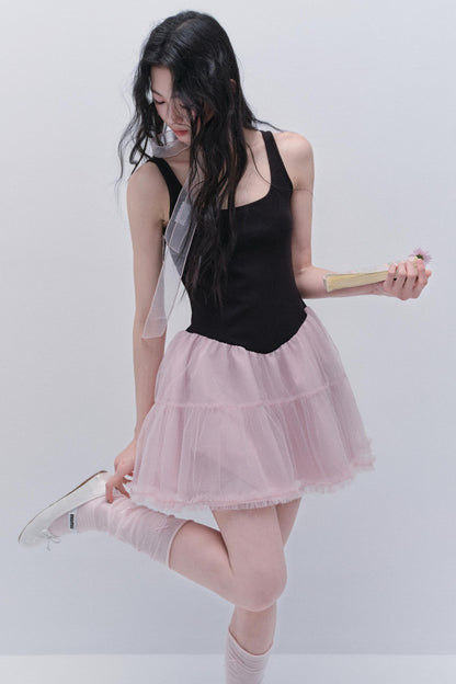 Sweet Fluffy Black-Pink Contrast Dress