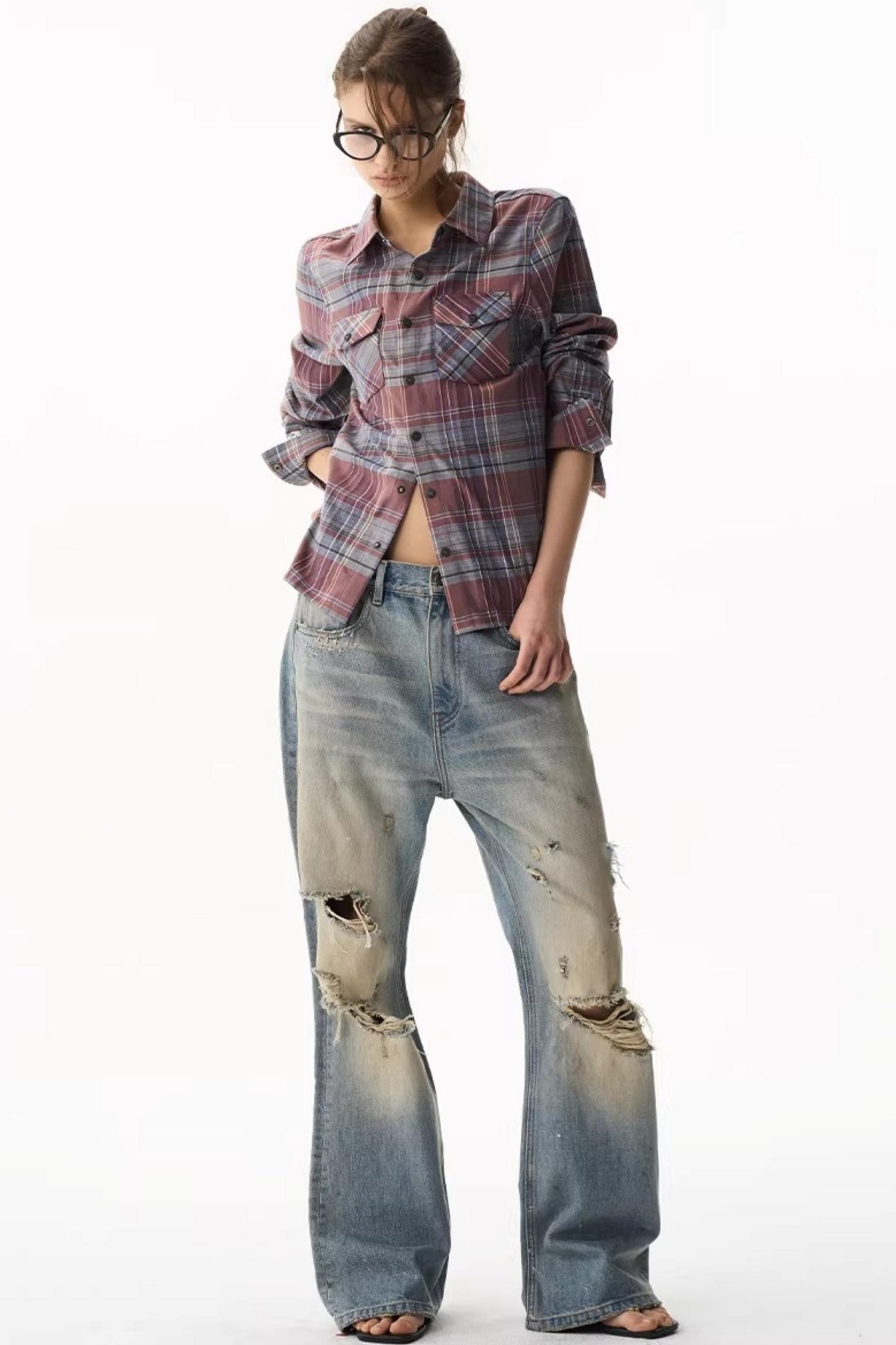 Exitmode Short Plaid Embroidered Shirt