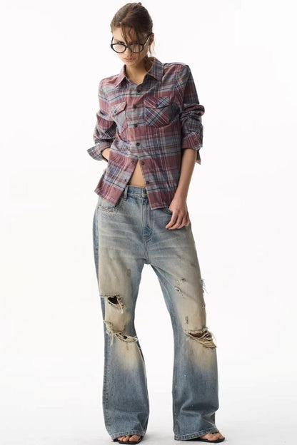Exitmode Short Plaid Embroidered Shirt