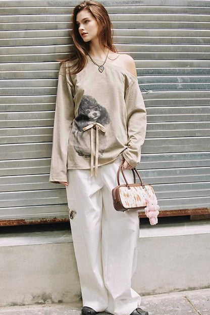 Khaki Bow knot Off-Shoulder T-Shirt