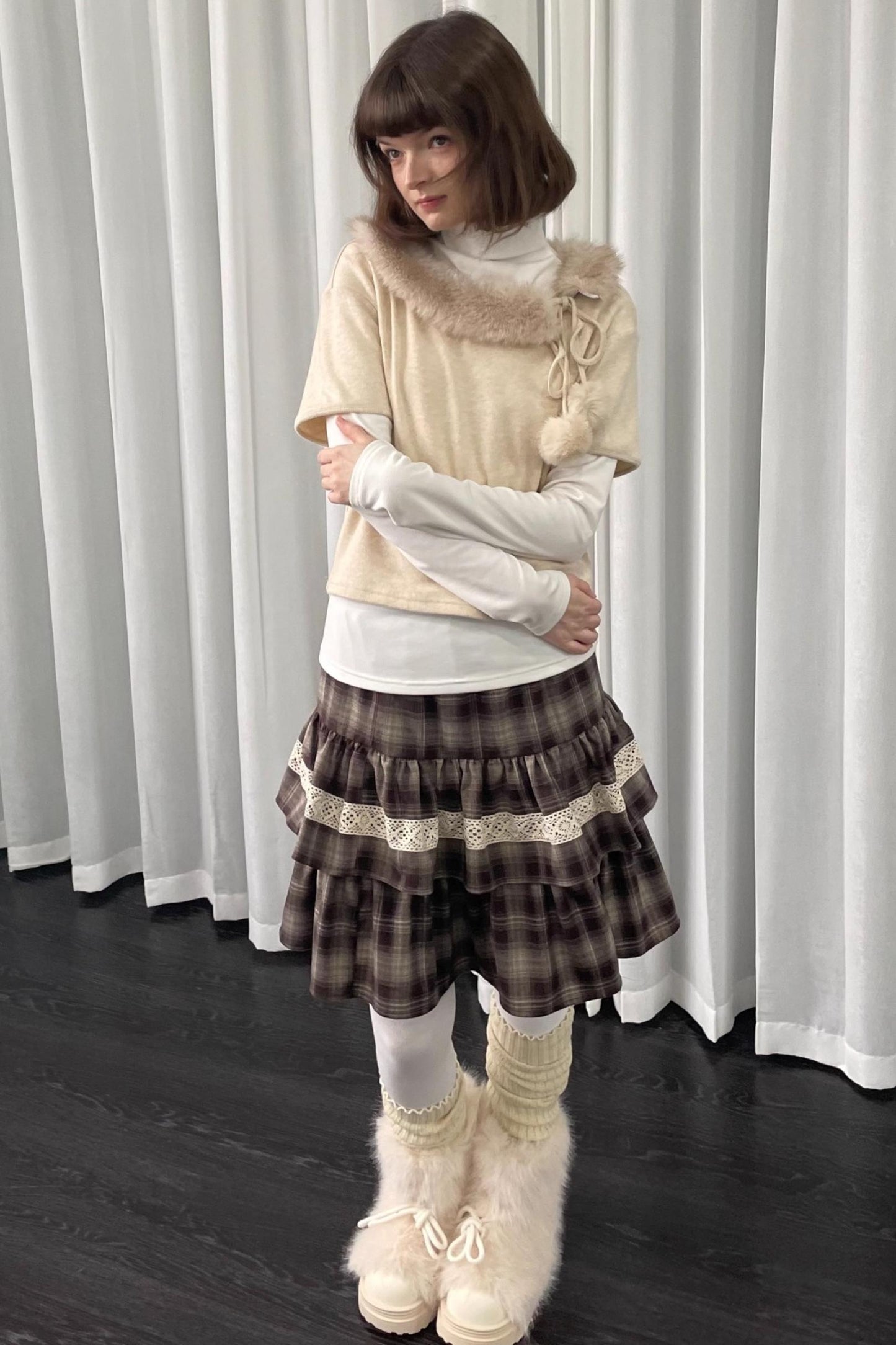 Beige Fur Collar Layered Top