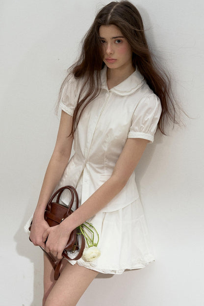 Lace-Collared Cotton Blouse Set-Up